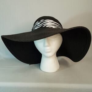 Jacobson Hat Ulra Wide Brim Sun Hat Black With Zebra Print Scarf